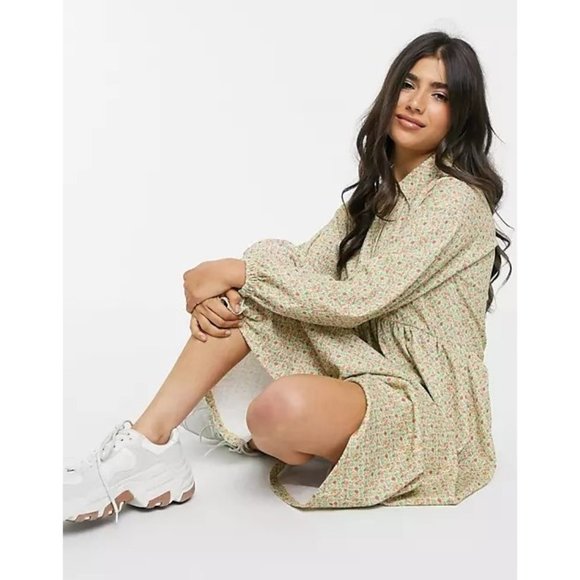 ASOS Womens long sleeve smock shirt dress 14 green ditsy Floral Maxi Cottagecore - Picture 4 of 11